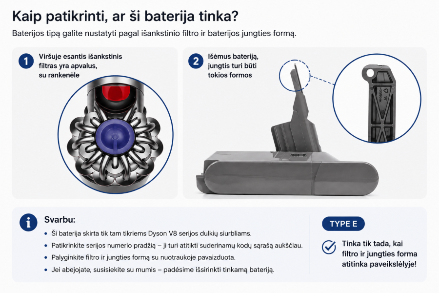 Dyson V8 Type E baterijos suderinamumo patikrinimas